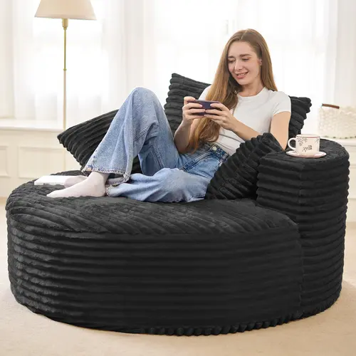 [Summer Vibes] 55''L 3.5CM Corduroy Single Foam Sofa, Oversized Round Chair with Pillows, Modern Sleeper for Living Rooms, Lounges, Nurseries and Projection Rooms, Wide-Arm Lounge Chair Armchair, Black