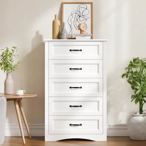 Gizoon 5-Drawer White Wood Dresser - 43.3" Large Capacity Storage Chest with Anti-Tip Device, Metal Handles, Dresser Organization for Modern Bedroom, Small Room Ideas, Apartment Friendly Hacks, Bedroom Reset