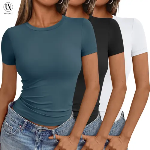 AUTOMET Women's 3-Piece Slim-Fit Polyester Crop Tops - Short Sleeve, 2026 Y2k Trendy, Minimalist Basic Women's Clothes, T Shirts, Summer Casual Elastic Streetwear Clothing Going-Out Tops