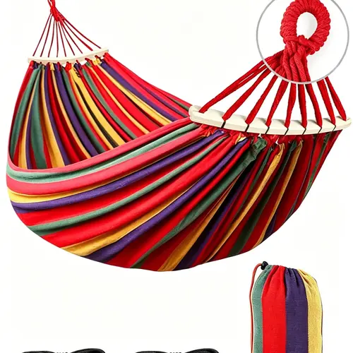 Thick Canvas Portable Travel Hammock - Single Size, 550lb Capacity, Anti-Rollover Spreader Bars, Metal Support Ring, Secure Tree Straps, Carry Bag for Travel, Hiking/Light Outdoor Hammock Camping, Backyard Relaxation, 200cm, Unisex