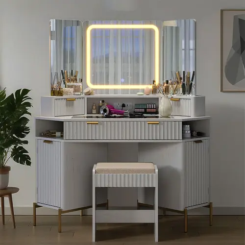 PUNICE 48" Modern Corner Glass Top Makeup Vanity Desk Set, Dimmable LED Glow, Multi-Functional Dressing Table for Bedroom Hidden Storage & Power at Hand