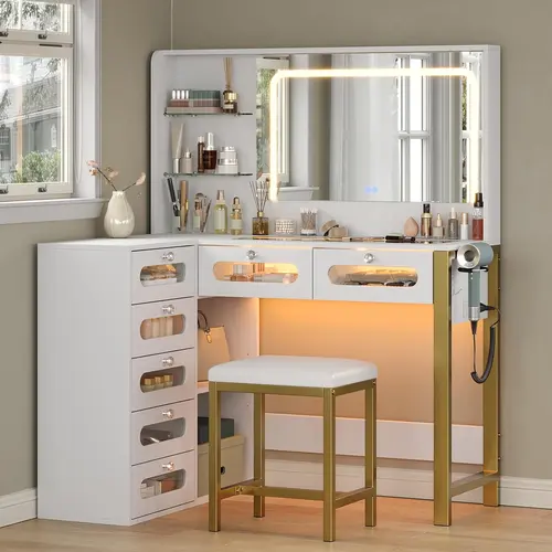 PUNICE 43" Modern Makeup Vanity Desk - Illuminated Backlit Vanity Desk w/ LED Mirror, RGB Drawers, Built-in Outlet, Transparent Tempered Glass & Matching Stool Complete Setup