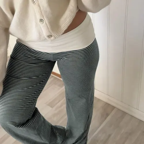 Women's Striped Patchwork Flare Pants, Low Waist Spring & Fall Casual Long Trousers, Comfortable Basic Bottoms for Daily Wear