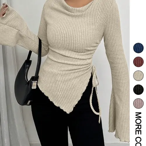 Women's Simple Basic Long Sleeve Knit T-Shirt for Fall & Winter, Slim-Fitting Casual Top, Comfortable and Fashionable Everyday Wear Knitwear