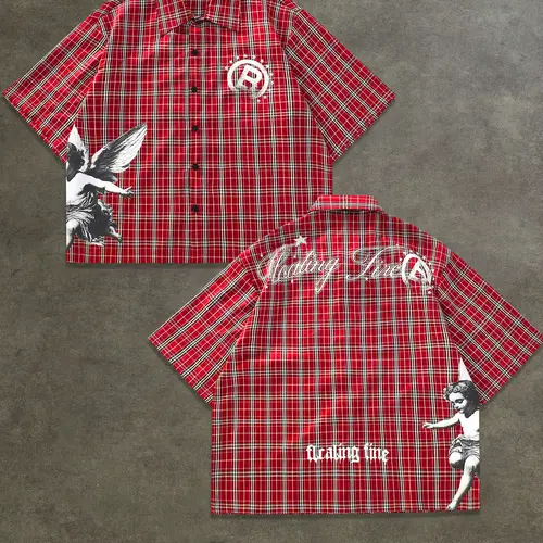 Retro Plaid & Letter Print Short Sleeve Shirt, Loose-Fitting Woven Top for All Seasons, Vintage Style Button Up Front Shirt, Casual Comfy Shirt