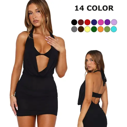 Summer Sexy Halter Dress, Deep V Neck, Bodycon Mini Dress, Slim Fit, Revealing Waist Design, Versatile Fashion for Ladies, Womenswear, Women