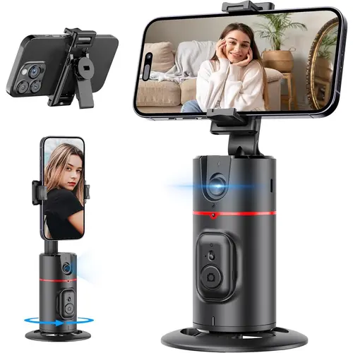 Auto Face Tracking Smartphone Tripod with Ring Light & Gimbal Stabilizer, No-App Smart Shooting Mobile Accessory, 360° Rotation, Remote Control, Extendable Body, Rechargeable Battery (Black) for Selfie Accessories & Phone Videography