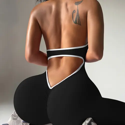 Color Block Ribbed Casual Women's Yoga Bodysuit, Stretch Comfortable Fitness Workout Jumpsuit, Sexy Backless Halter Sports Suit, Yoga Jumpsuits, Sleeveless Yoga Jumpsuits, Stretchable Activewear