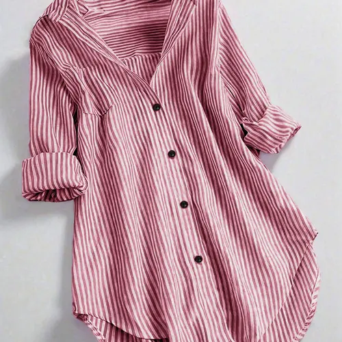 Plus Size Women's Striped Button Collared Blouse, Casual Daily Tops Loose Long Sleeve Woven Shirt, All Seasons Wear, Perfect for Office & Daily Wear, Womenswear, Blouses Shirts Tops