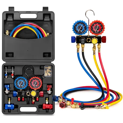 VIVOHOME HVAC 3Way & 4 Way Manifold Gauge Set with Quick Couplers and Can Taps, Automotive Residential AC Gauges for R134a R410a R32 or R1234yf Refrigerant, Car Freon Charging & Evacuation Air Conditioning Portable diagnostic tool