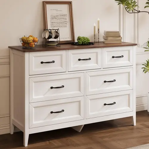 GIZOON Farmhouse 7 Drawers Dresser, White Chest of Drawers | 47" Wide Wooden Storage Organizer with Metal Handles, Anti-tipping, for Bedroom, Hallway, Living Room, Tabletop-Retro