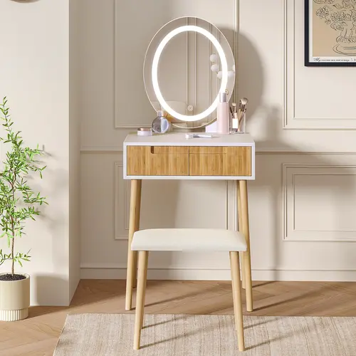 #sohochic Natural Oak Modern Illuminated Makeup Vanity (LED 3-Way Mirror) - Girl-Focused, Small Spaces, 2 Drawers, 3 Lighting Modes, Wooden Handles, Silent Slides, Cushioned Stool, Durable, Makeup Organization Storage, Mother's Day Gift Option