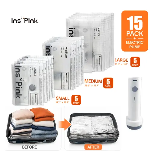 Inspink 15-Pack Compression Vacuum Seal Storage Bags Set with 25W USB Rechargeable Pump, Foldable Solution for Home Storage Organization, Travel Organizers, Carry-On Luggage Organizer,dorm essentials,home decor