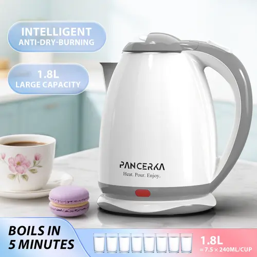 PANCERKA Fast Heating Electric Kettle, 1.8L, 1000W, 110V, 50-60Hz, Cool-Touch Double Wall (Reduces Burn Risk), Auto Shut-Off, Boil-Dry Protection, BPA-Free, Ideal for Coffee & Daily Use