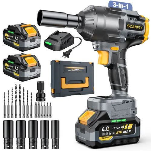 SOARFLY 1000NM Impact Wrench, 2x 4.0Ah Batteries, Fast Charger, 6 Screwdriver Bit, 8 Drill Bit, 6 Sockets, For Car, Trucks Cordless Power Tools Cordless Impacto