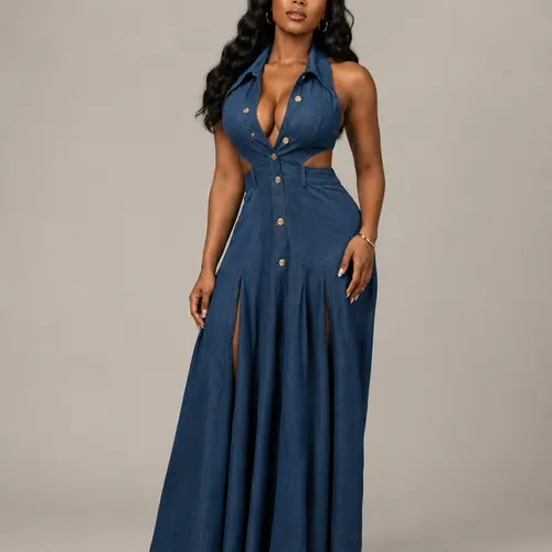 URBAN REVIVO Women's Without Sleeves Casual Denim Maxi Shirt Dress - Retro A-Line, Button Front, Waist Cutout, High Front Slit, Fitted Shape Flatters Your Waist, Casual Wear, Do Not Dry Clean, Basic, Pocket‑Ready Wear
