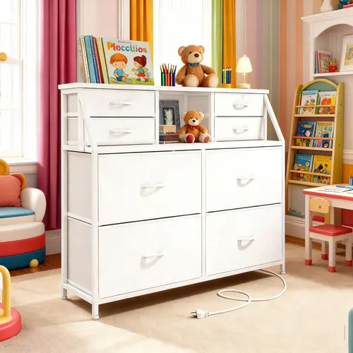 【Storage Hack】Raybee Vanity sideboard 30''H 8 Drawers Dresser for Dorm & Attic,Dresser with Built-In Charging Station and LED, Sturdy Chest of Drawers with Two Open Shelves for Storage,Hides all your clutter to keep you organized and your vibe on point