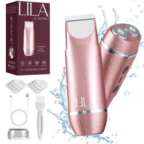 LILA by Akunbem Women's 2-in-1 Face & Body Multifunctional Hair Trimmer - Dual-Heads Electric Shaver for Hair Removal, IPX7 Rated Waterproof Wet/Dry Use on Bikini Line, Underarm Grooming