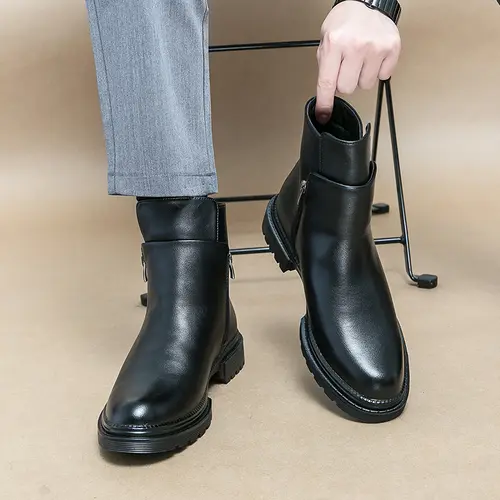 Ubetif Men's PU Leather Retro Cuban Preppy Chic Zipper-Side Ankle Boots - Formal Business Office Work Shoes, Casual Outdoor Commuter Footwear (Black)