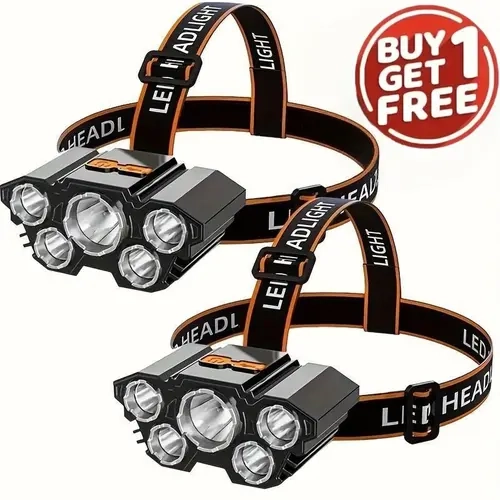 2 PCS Plastic Multifunctional Super Bright 5LED Headlamp Flashlights - Lightweight Waterproof, USB Rechargeable, 4 Modes Adapt From Work to Camping, 90° Angle Aim, Elastic Band Specialty Kitchen Utensil (50000 Hours Lifespan)