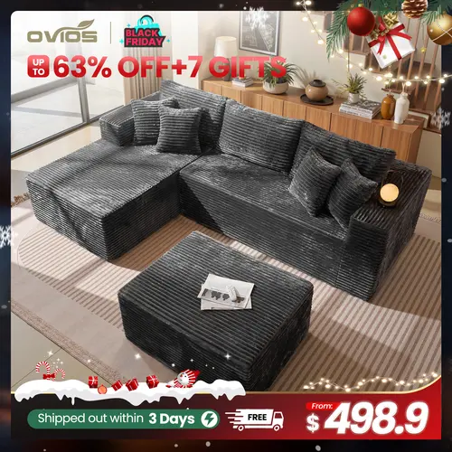 【2 Packages Shipping】OVIOS 108" Modular Cloud Couch with Ottoman & Chaise, Oversized Boneless Sectional Sofa, L/U-Shaped Deep Seat Plush Corduroy Couch with Memory Foam for Living Room & Apartment, No Assembly Required