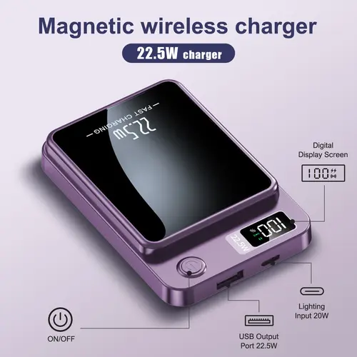 10000mAh Magnetic Wireless Power Bank - Portable Wireless Charging Battery Pack with USB-C Cable, Compatible with iPhone 17/16/15/14/13/12/Pro Series
