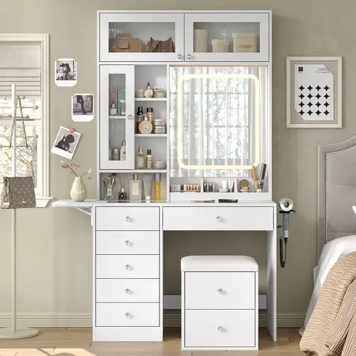 FUSOU 72in Sturdy Vanity Desk with Backlit Mirror, Glass Top, Built-in Charging Station, Drawers, Storage Stool, White Bedroom Dressing Table - Gift for Mom,dorm essentials,home decor