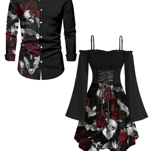 DRESSLILY 2026 Gothic Couple Outfit Women's Skull Rose Print Lace Up Off the Shoulder Asymmetrical Dress and Men's Long Sleeve Shirt Matching Set