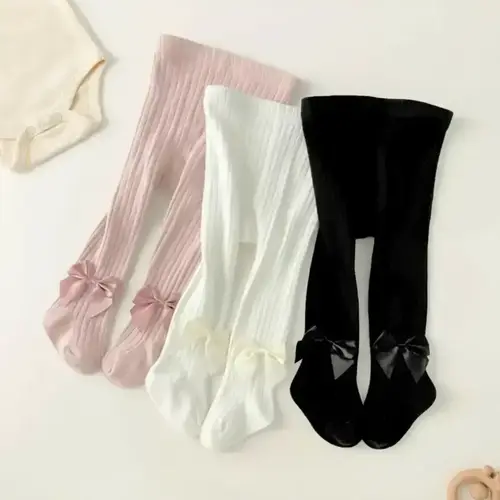 3-piece Soft Breathable Ribbed Tights with Bows, Comfortable Baby Leggings for All Seasons, Fashion Baby Stretchy Tights Set, Soft Comfy Socks, Baby Clothing