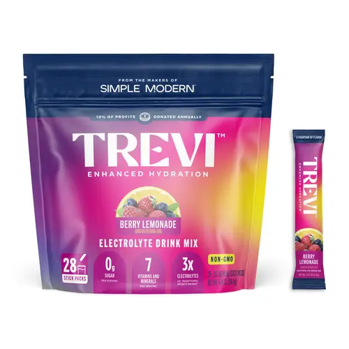 Trevi Sugar Free Berry Lemonade Electrolyte Drink Mix – 28 or 8 Stick Packs | 0g Sugar, Non-GMO, 7 Vitamins & Minerals, Energy Hydration Drink Mix, 6 Electrolytes, Made in USA