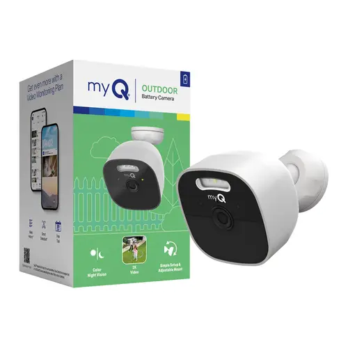 myQ Outdoor Battery Camera | 2K Camera, Color Night Vision, Spotlight, Motion Alerts, Live View with Two-Way Talk, Wireless, Weather-Resistant, Outdoor, White