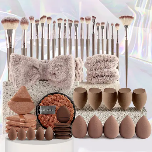 49pcs Multi-functional Cosmetic Makeup Tool Set - Foundation Brush Included, Champagne Color Beauty & Personal Care Kit