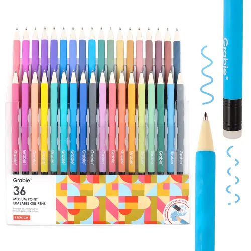 Grabie Medium Point Erasable Gel Pen Set - 0.6mm Medium Point Assorted Colored Pens & Refills, Office Accessories, Stuff for School, Integrated Eraser, Color Restorable, Palette Compatible, Doodle Tool, Class Reward Gift
