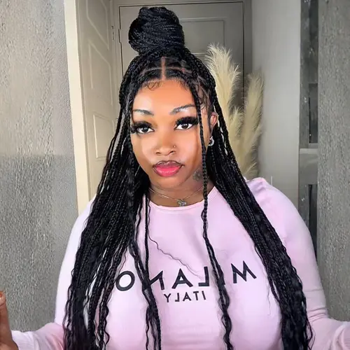 【Human Hair Blend】Sunber Full Lace Boho Braided Wigs With Human Hair Curly Ends 34“ Pre Cut Lace Knotless Box Braid Wigs Island Twist Hairstyle Beginner Friendly SpringStatements Summervibes