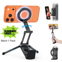 OMOTON TP02 Magnetic Aluminium Phone Mount Tripod Stand - Foldable Desk Phone Accessory with 360° Rotating Shaft, Adjustable Ring Grip, Selfie Stick Clamp, Hook for iPhone, Content Creator Tools,back to school