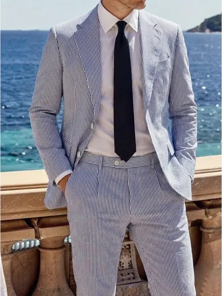 Menswear Men's 2-Piece Bubble Gauze Summer Slim Fit Outfits Suit Groom Sear Sucker Suit Suitable for Wedding & Outfits Fashion