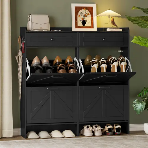 Shoe Storage Cabinet for Entryway, Farmhouse Wide Shoe Cabinet with 4 Flip Drawers and 2 Top Drawers, Freestanding Organizer with Adjustable Shelves, Hooks, and Anti-Tip Kit for Hallway fathers day gift ideas
