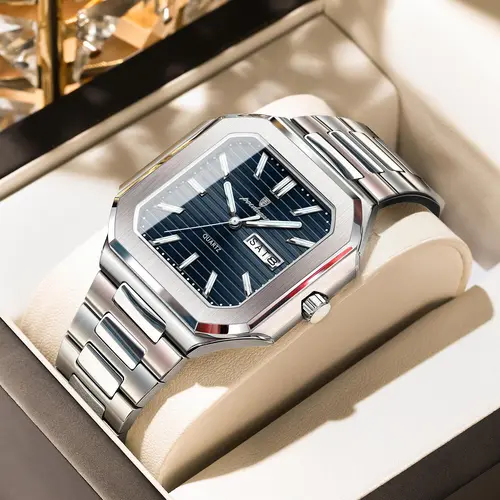 Poedagar Square Luxury Fashion Men's Water-Resistant Analog Quartz Watch, Fashionable Wristwatch, Stainless Steel Case, Luminous Date and Day Display, Square Dial