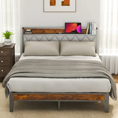Queen Size Upholstered & Metal Bed Frame with PU Leather Wooden Storage Headboard, Full Size Bed Compatible, Spacious Underbed Storage, Built-In USB Port, Stable Sturdy Silent Structure, Tool-Free Assembly, No Box Spring Required, Classic Design