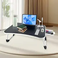 Sleek Black Foldable Laptop Desk - Oversized Durable Wooden Folding Tray Table with Cup Holder, Drawer, USB Fan, Light, Adjustable Tiltable Tabletop, Comfortable Viewing Angles, Sturdy Portable Design for Students, Bed, Sofa Use