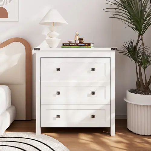 White Industrial MDF Wood 3-Drawer Dresser with Smooth Slide Rails - 27.55" Wide Cupboard, Space-Saving Indoor Furniture, Bedroom Nightstand, Drawer Organizer, Father's Day Gift Idea