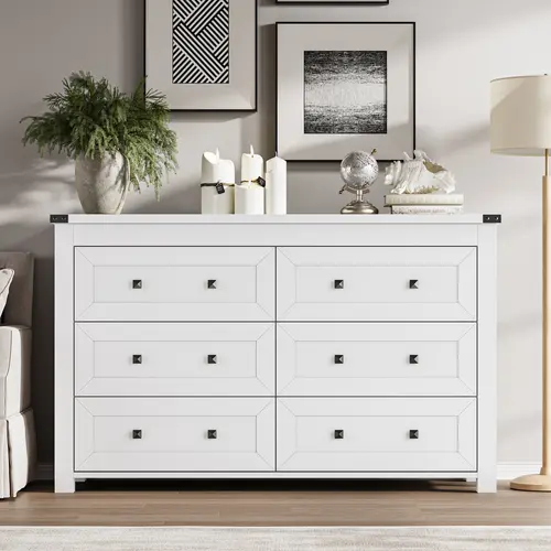 White 6-Drawer Sturdy Wooden Dresser - Living Room Furniture, Waterproof Multi-Compartment Storage Sideboard with Metal Handles, Multi-Functional TV Stand for Bedroom, Nursery (Requires Assembly)