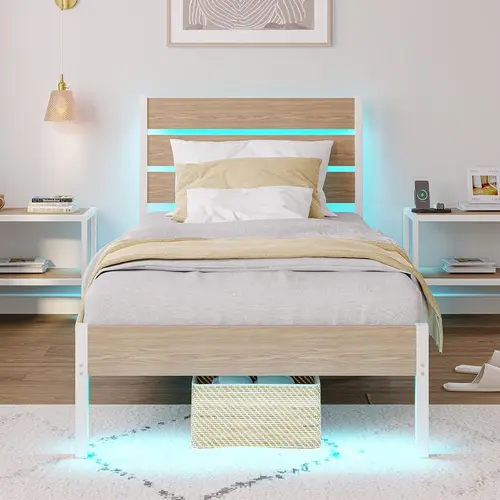 PUNICE LED Glow Twin/Full Bed Frame Charging Station + Wooden Headboard  for Dreamy Vibes Modern No Box Spring Sturdy Chill Blue Warm White With Headboard Smart Led Bed With Headboard Smart Led Bed Minimal Bed Frame bed frame, Bed Frames, Full Size Bed