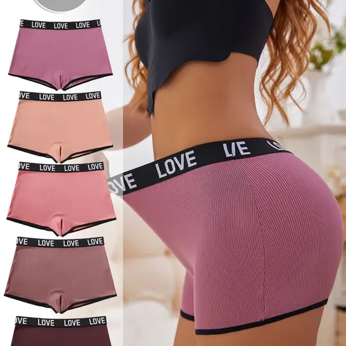5 Pack Ladies Boyshorts with Trendy Love Letter Waistband, Soft Comfortable Fabric for All Seasons, Fitted Casual Women's Underwear, Fashion Comfy Underwear, Fitted Panties, Soft Comfy Panty