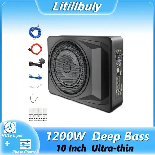 litillbuly 1200W Aluminum Slim Under-Seat Powered Car Audio Subwoofer - Stereo Speaker Subwoofer with Efficient Heat Dissipation, Amp Package, High/Low Level Inputs, Bass Remote, Clean Audio Clarity for Car/Truck