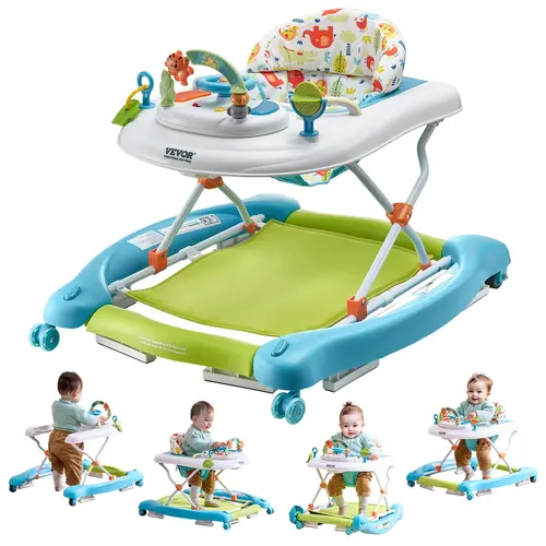 【fathersdaygift】VEVOR 4-in-1 Baby Walker, Foldable Baby Activity Center on Wheels, 3 Adjustable Height, Music & Toys Tray, Learning-Seated | Walk-Behind | Rocker | Bouncer Toddler Walker for Girls Boys 6-24 Months