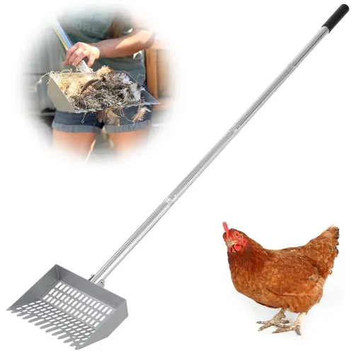 CKLT Chicken Poop Scooper Durable Metal 38 to 66" Adjustable Long Sifting Shovel for Chicken Coop Cleaning Horse Litterbox No Bending