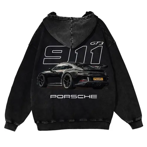 Men's 380g Thick Cotton Hoodie - 911 GT3 Graphic, Vintage Washed, Retro Fade Craft, Long-Sleeves, Unisex Pullover Tops, Soft Fabric, Street Wear Menswear Sweatshirts, Casual Warm