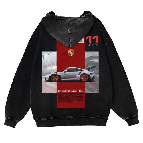 Unisex Vintage Car Graphic Heavyweight Washed Cotton Pullover Hoodie - Retro Streetwear Top, Super Soft Thick Fabric, Oversize Fit, Pairable with Jeans