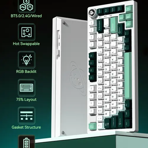 HI75C Pro Mechanical Keyboards, RGB Backlit Tri-Mode Gaming Keyboard, Hot Swappable Creamy Wireless Keyboard for PC/Tablet/Xbox/PS4 - Green Aluminum Customizable Three-Mode